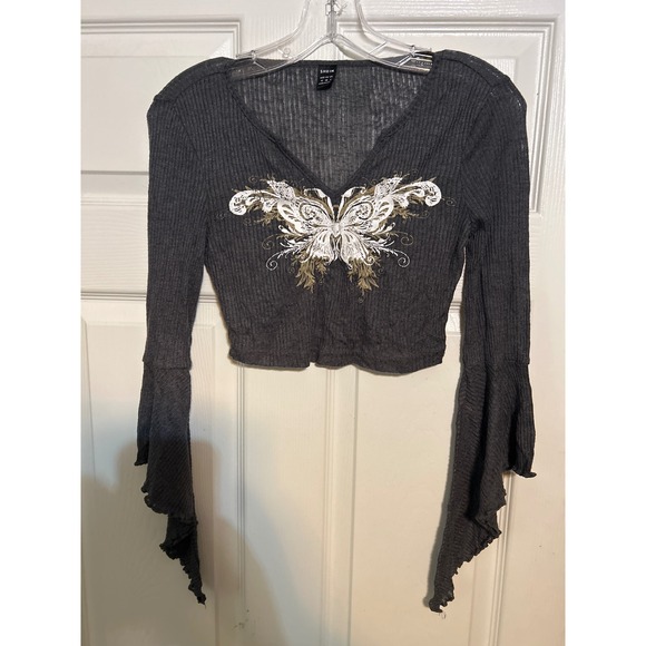 SHEIN Tops - Shein Charcoal Grey Butterfly Graphic Ribbed Crop Top Long Bell Sleeve M